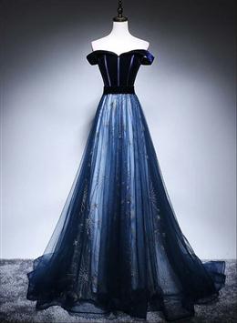 Picture of Pretty Navy Blue Off Shoulder Long Party Dresses, Long Prom Dresses